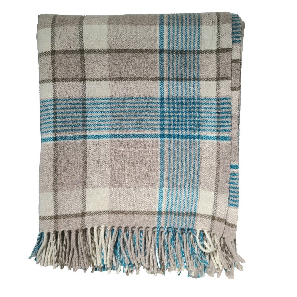 Pendleton Home Collection Tan Turquoise Blue Creme Plaid Wool Throw Blanket - Picture 2 of 7